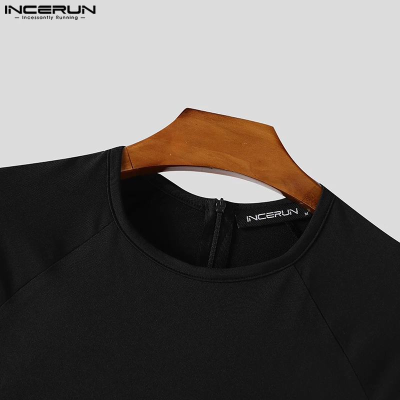 INCERUN 여름 남성 바디 슈트 솔리드 컬러 속이 빈 섹시한 오 넥 Playsuits 반팔 남성 Rompers 2025 지퍼 바디 슈트 남성