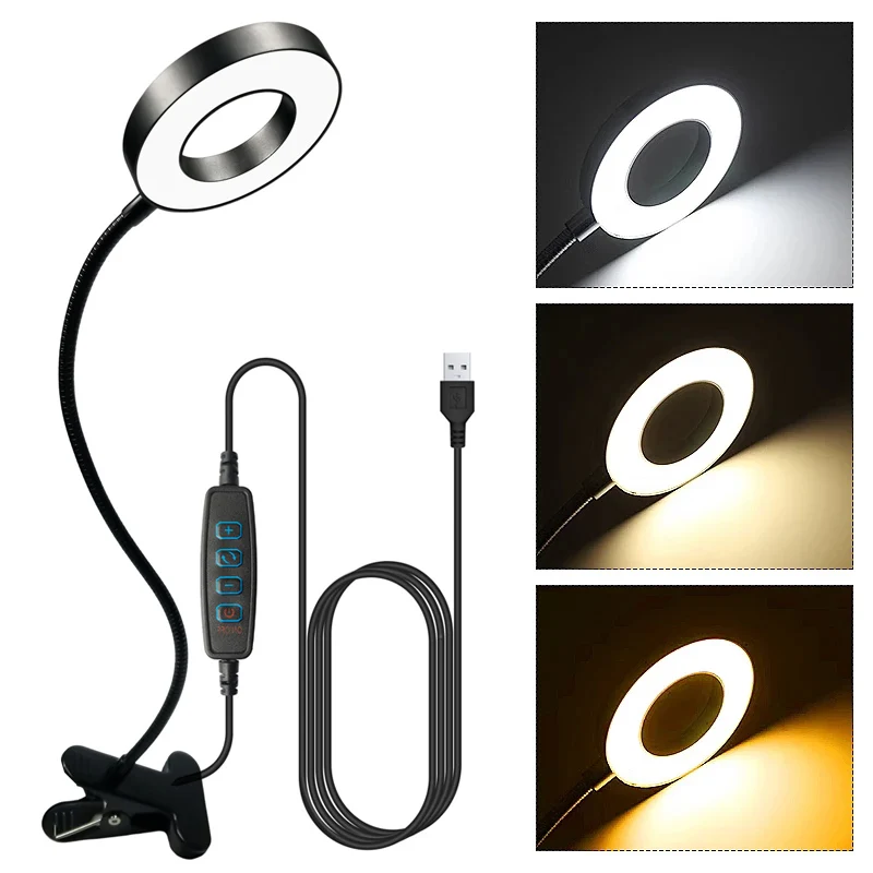 48 LEDs Desk Lamp Clip USB Book Light Flexible Gooseneck Dimming Reading Light Eye Protection Ring Lamp Live Selfie Fill Light