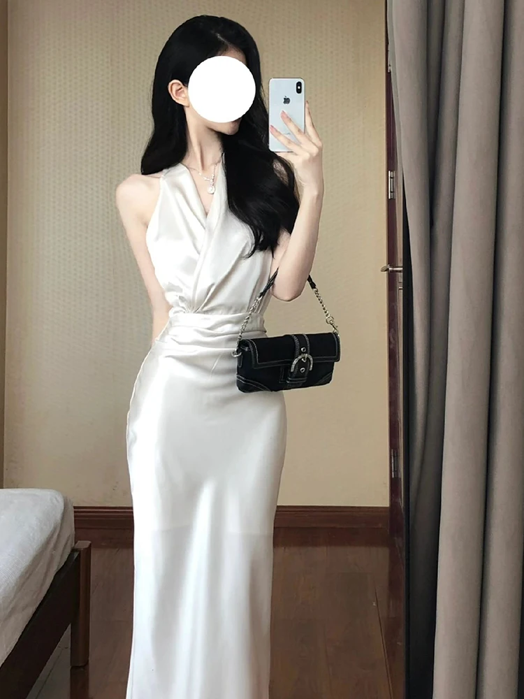 

Ele White Satin Off-oulder Dr for Wedding And Birthday High-Cold Sle Beach Vaion Long Skirt Simple High Waist
