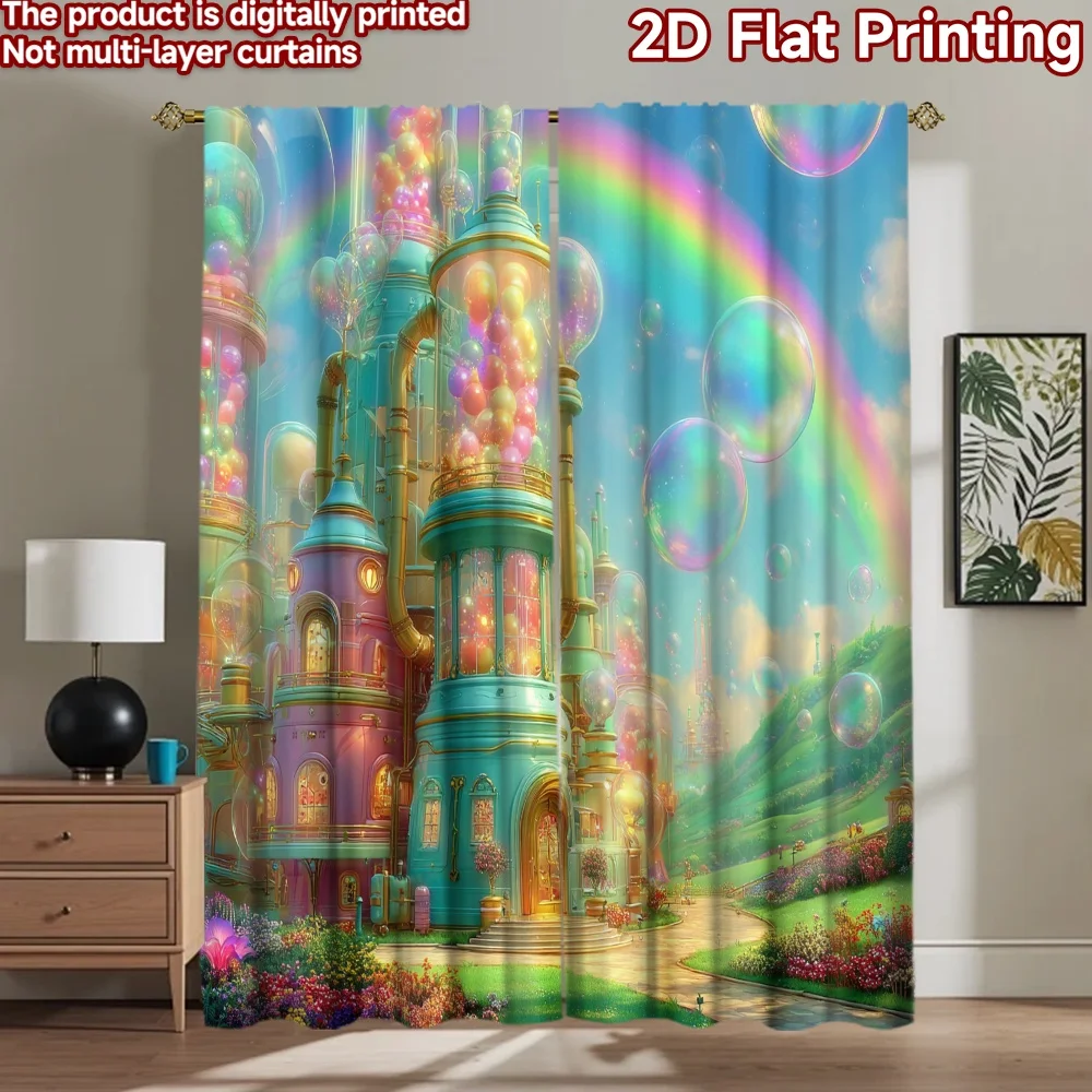 2D flat printing 2pcs Curtains Dreamy Bubbles Factory Sky Digital Printed Polyester Drapes Family Party Decoration Use for