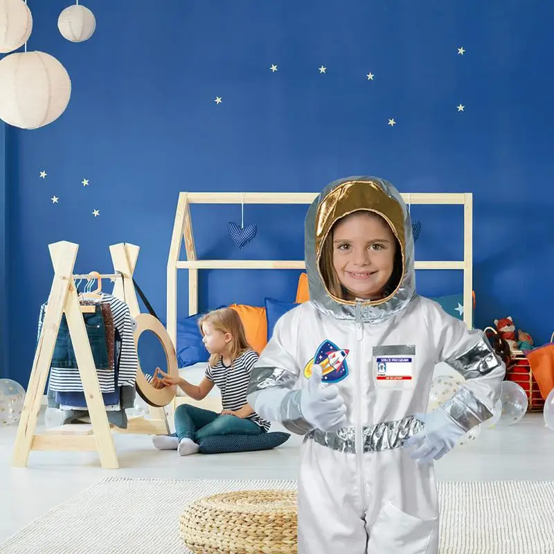 Traje espacial de astronauta infantil, traje prateado de Halloween, traje de voo com luvas e chapelaria, macacão menino