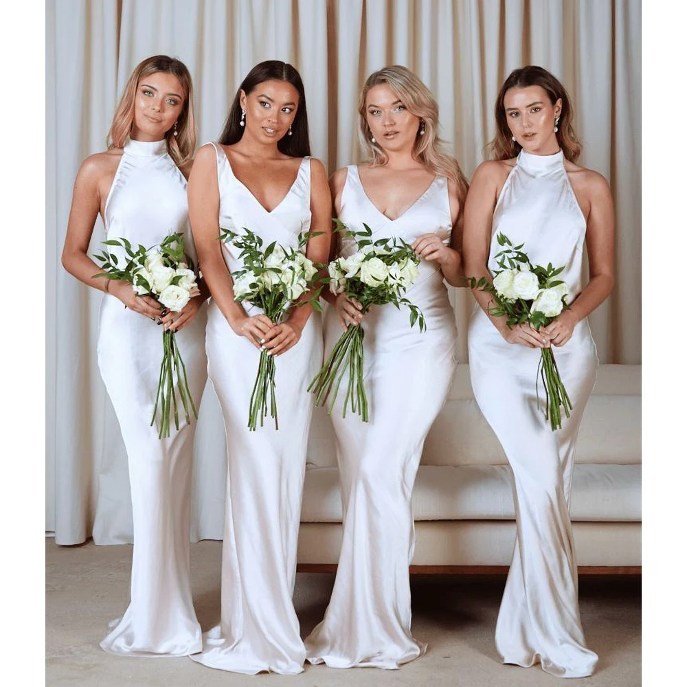 Gorgeous White Solid Wedding Party Dress Elegant V-Neck Halter Sleeveless Mermaid Gowns Fashion Floor Length Bridesmaid Dresses