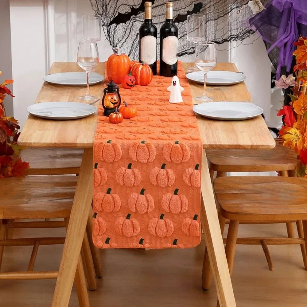 Comfortable Halloween Table Runner Soft Texture Long Pumpkin Table Cover Rectangular Creative 3D Tufting Dining Tablecloth