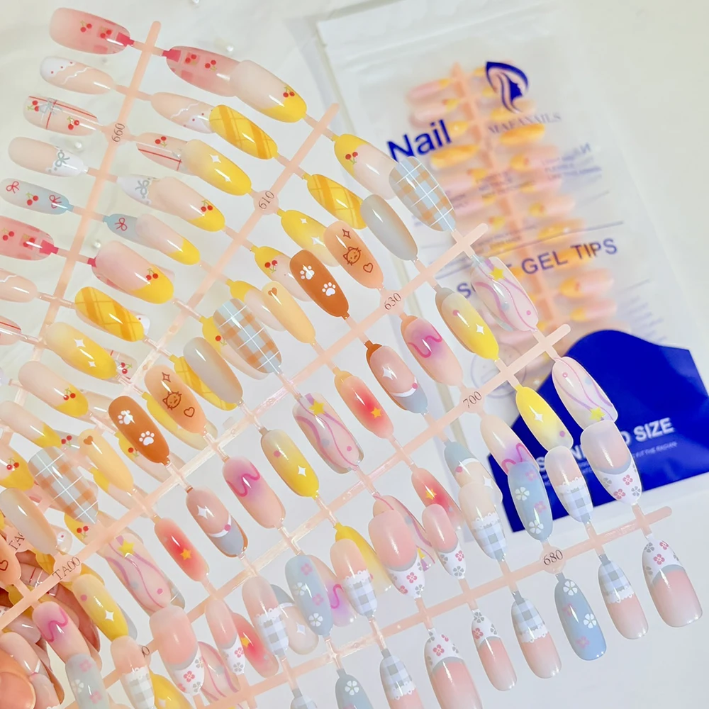 150Pcs Macaron Colors French Tips Fake Nails Plaid Cherry Flower Bow Star Design Press On Nail Medium Almond False Fingernails 1