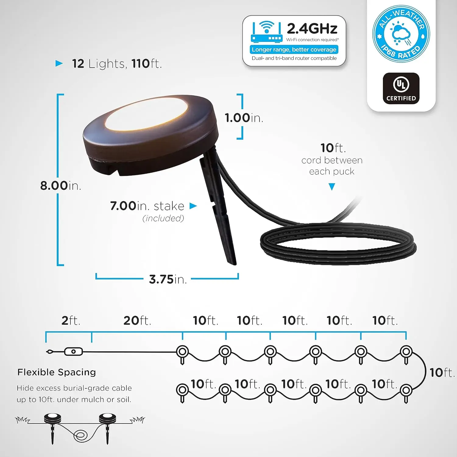 LED Smart Garden Lights, 12 Landscape Lights, 110ft Cord plus 22ft Lead Wire, Compatible