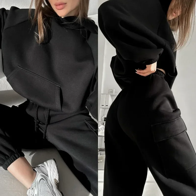Korean Women Fashion Tracksuit Solid Color Sportswear 2 Pieces Hooded Sweatshirt Sets Oversized Pullover Shirts +pants Suit Y2k