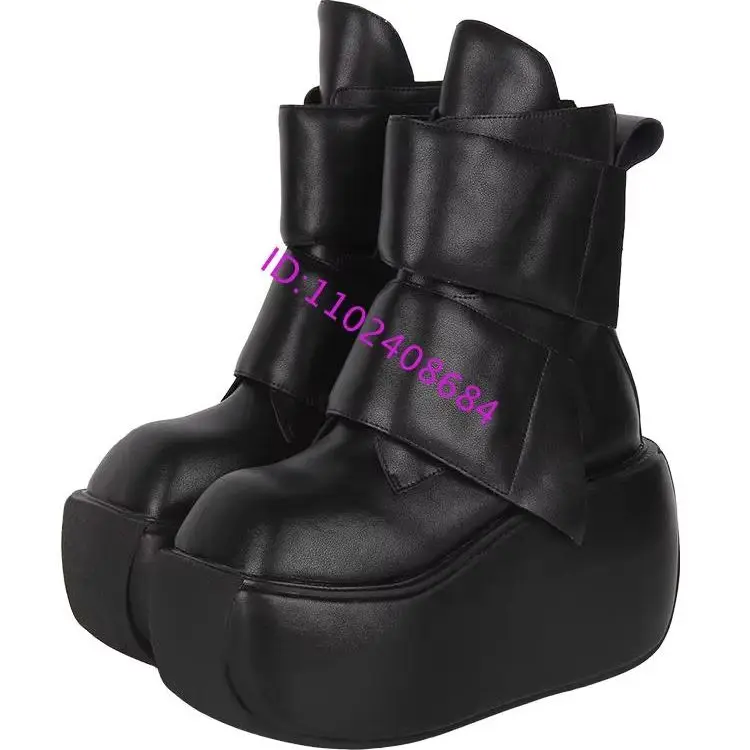 Black Leather Punk Ankle Boots High Platform Flat Design Thick Bottom Lolita Style Footwear for Fashionable Wear