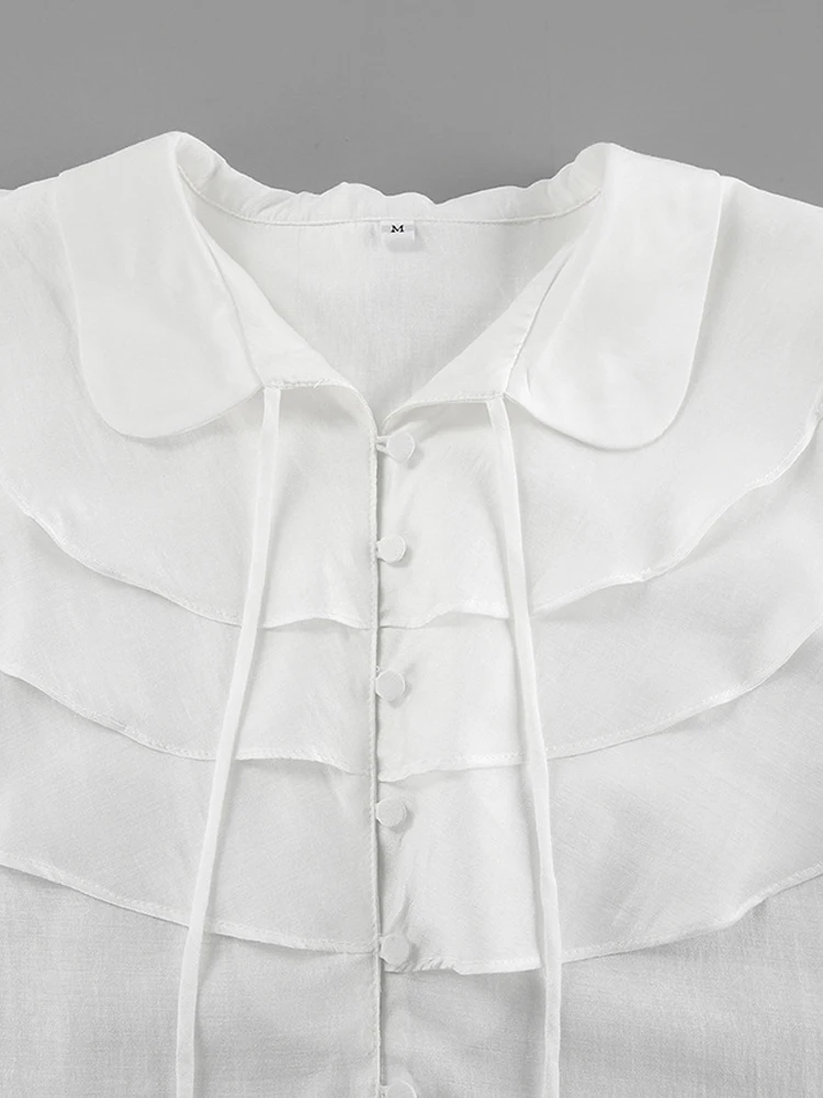 Lady White Lapel Ruffle Shirt Women Elegant Long Flared Sleeve Single Breasted Layered Loose Blouse 2026 Office Vacation Top New