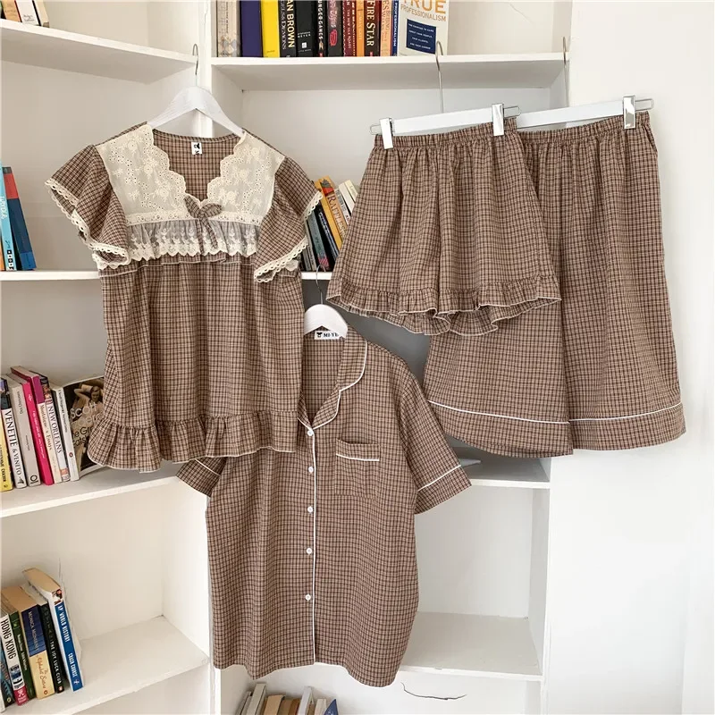 Women Men Sleepwear Home Suit Couple Pajama Set Lace Embroidery Princess Loose Plaid Homewear Shorts Pyjamas Cute Out Wear S170