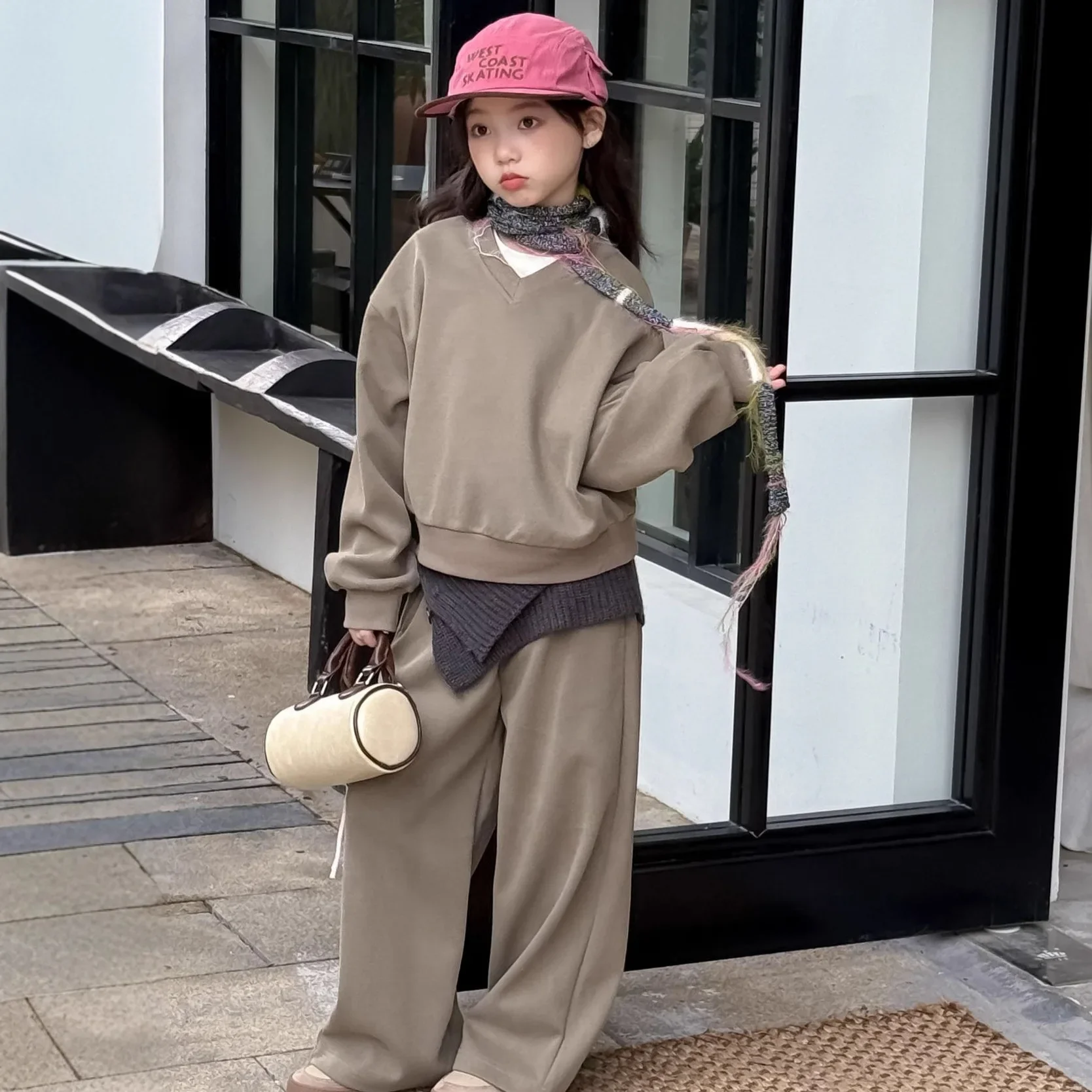 

Girls Suit 2025 Autumn New Children's Clothing Korean Style Girl Baby Fashion V-neck Hoodie Hoodie Two-piece Casual Simple