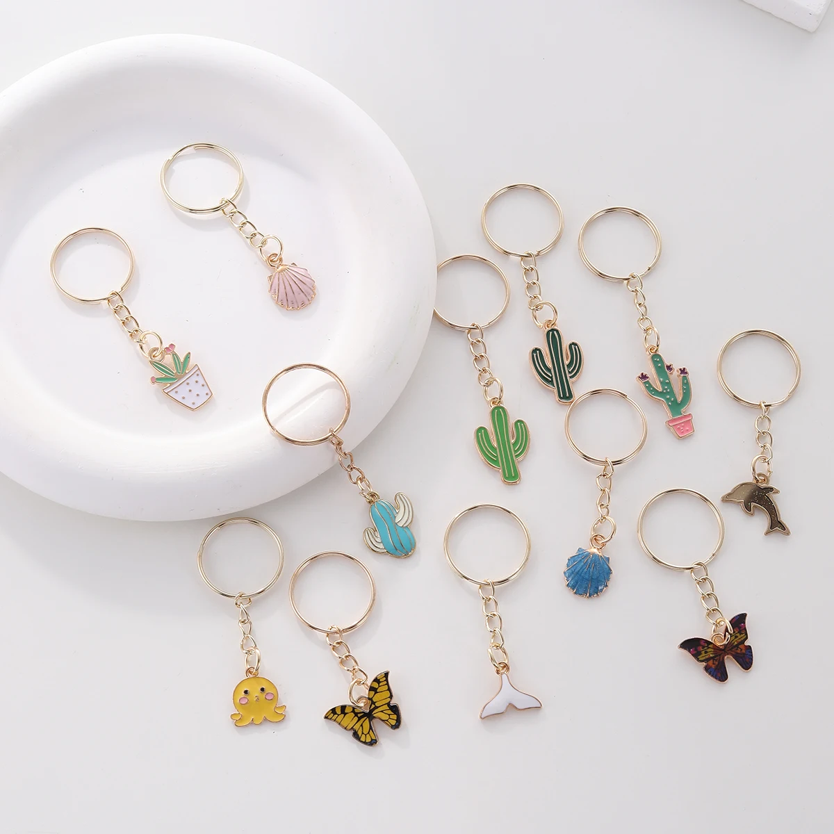 12pcs Cute Metal Keyring Alloy butterfly Fish tail Cactus Pendant decoration Purse Bag Backpack Accessory Birthday Party Favors