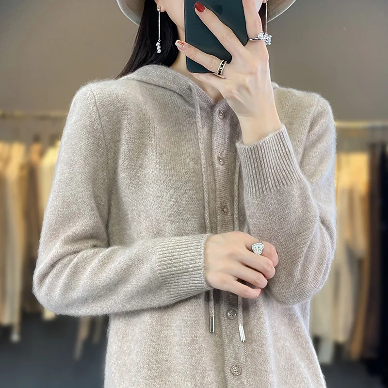 Damskie swetry rozpinane z kapturem jednorzędowy gruby ciepły sweter luźna dzianinowa koszula z dołem jesienno-zimowa dzianina moda koreański sweter — zdjęcie 4