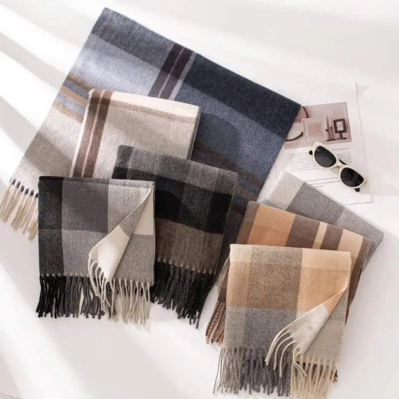 Vintage Plaid Shawls Bufanda Imitation Cashmere Scarves Autumn Winter Warm Oversized Muffler Luxury Tassels Thick Scarf Blanket