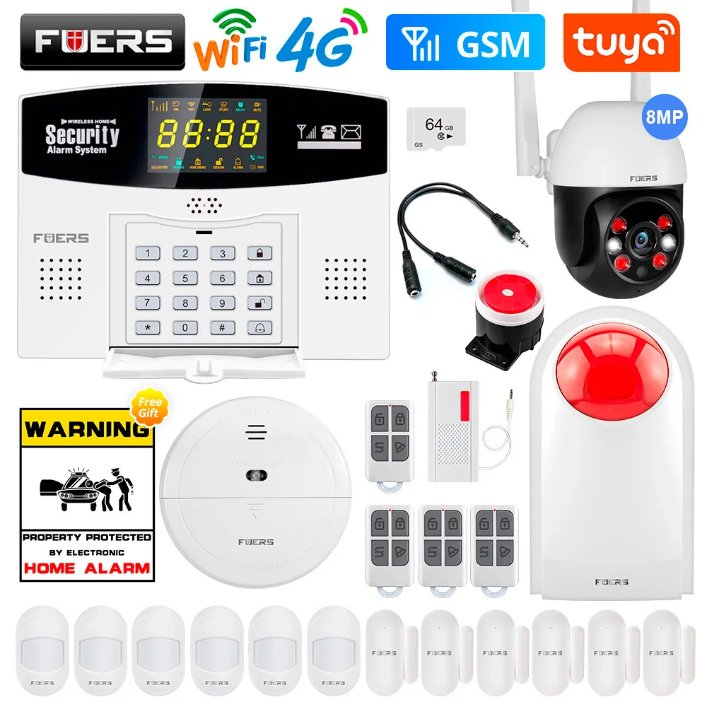 

Fuers W214 4G WIFI Tuya Smart Alarm System Wireless Burglar GSM Smart Home Security Alarm Control LCD Display IP Camera