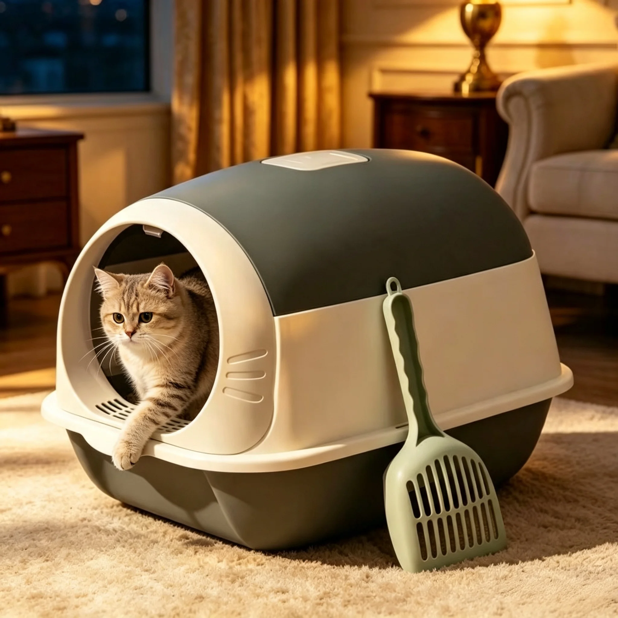Vollständig geschlossene, aufklappbare Katzentoilette mit großer Kapazität, abgedeckte Katzentoilette mit transparentem Türdeckel, spritzwasserschutz und Geruchsisolierung.