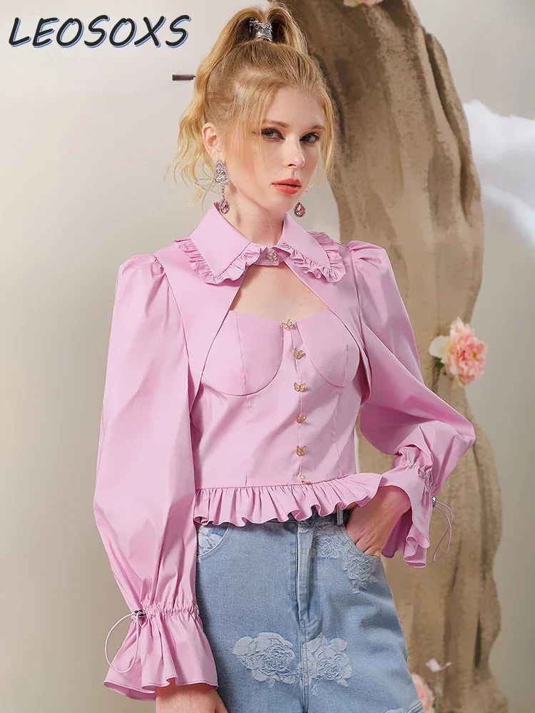 Sweet Kawaii Pink Shirt for Women 2023 Autumn New Fashion Personality Hollow Out Ruffled Long Sleeve Blouse Top Blusa Feminina