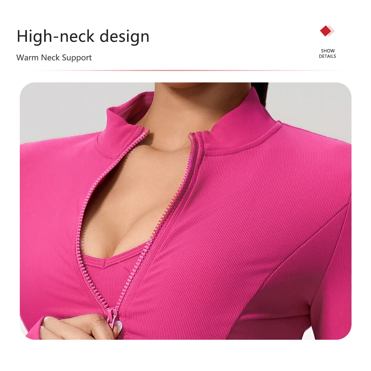Damen Sportjacke mit hohem Kragen und Reißverschluss, Slim Fit, Langarm Yoga & Fitness Oberteil, schnelltrocknend und atmungsaktiv, Outdoor-Sportbekleidung – Detail 6