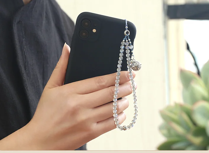 

Natural moonstone mobile phone chain short rope silver bell car key chain creative girlfriend birthday gift