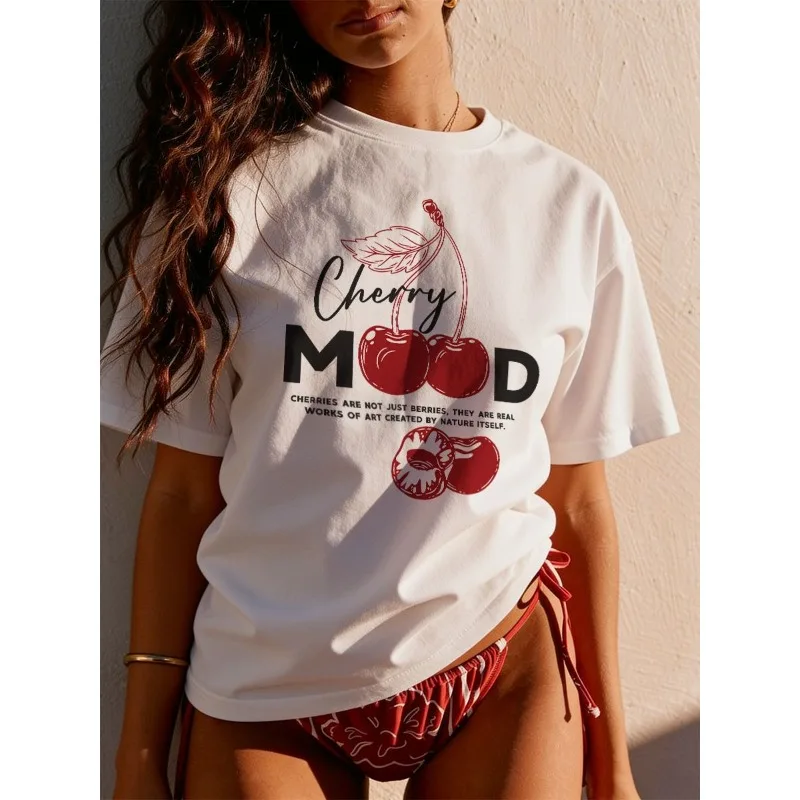 Women Vintage Cherry Mood Graphic Loose Fit 100% Cotton Short Sleeve Tees Retro Letter Print Casual Summer Streetwear Tops