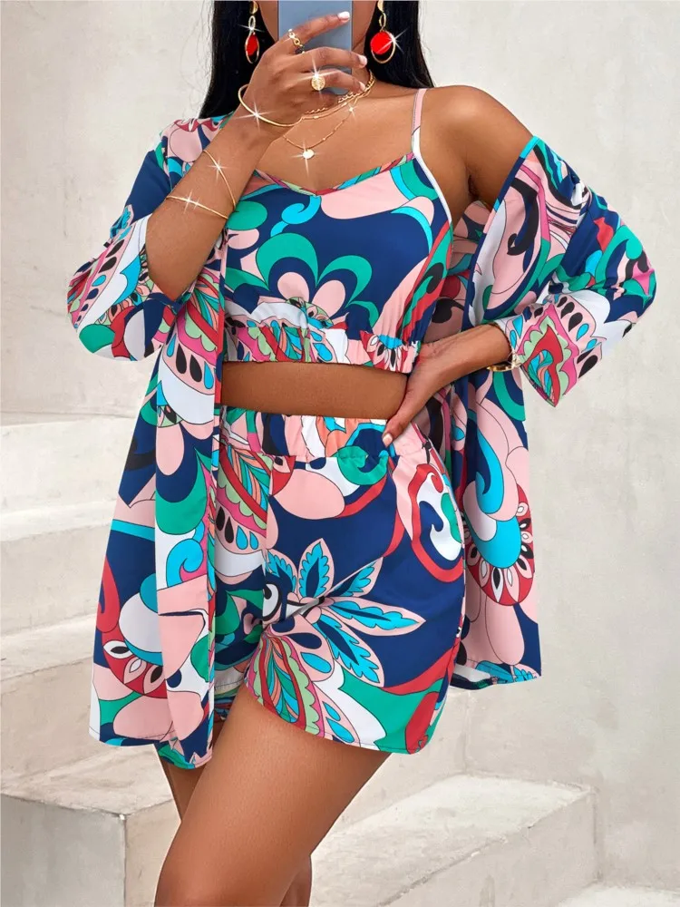 New Women's Summer Style Suit Printed Waist Versatile Tightening Sleeveless Camisole Top Sexy Fashion Jacket Three-piece Set