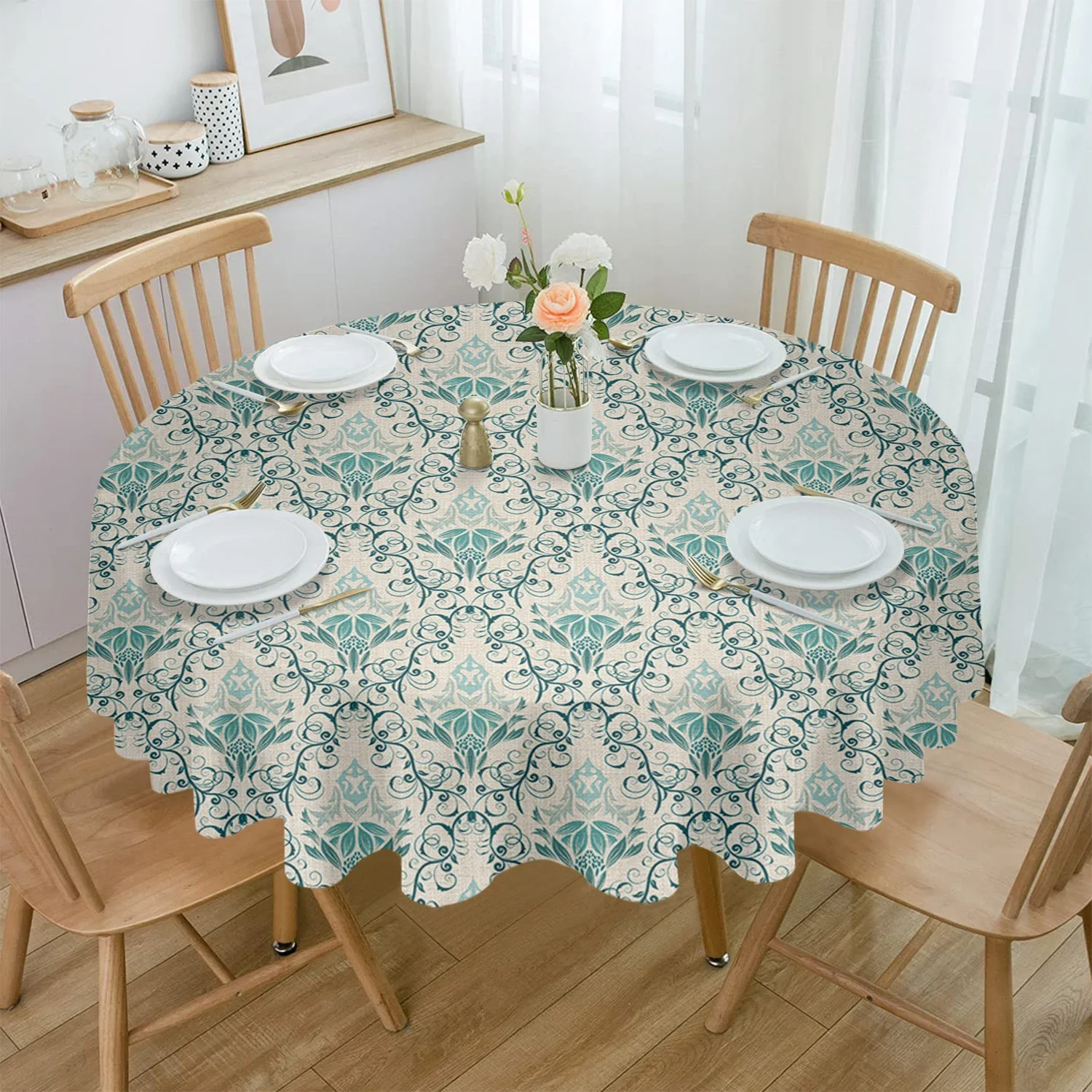 Pattern Baroque Retro Waterproof Tablecloth Tea Table Decoration Round Table Cover for Kitchen Wedding Party Home Dining Room