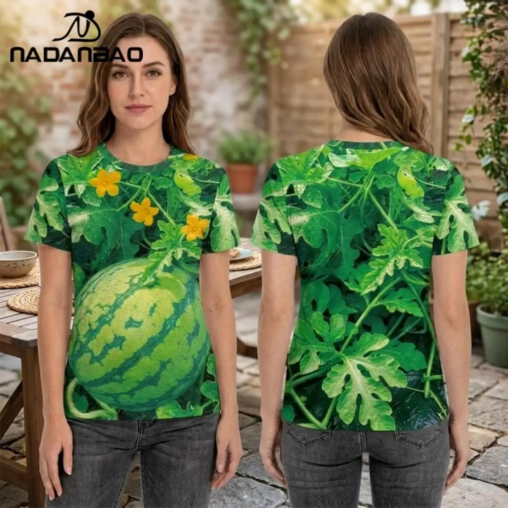 Nadanbao Funny Watermelon Print T-Shirt for Women Summer Loose Short Sleeve Shirt Casual Holiday Green Top Unisex O-Neck Tees