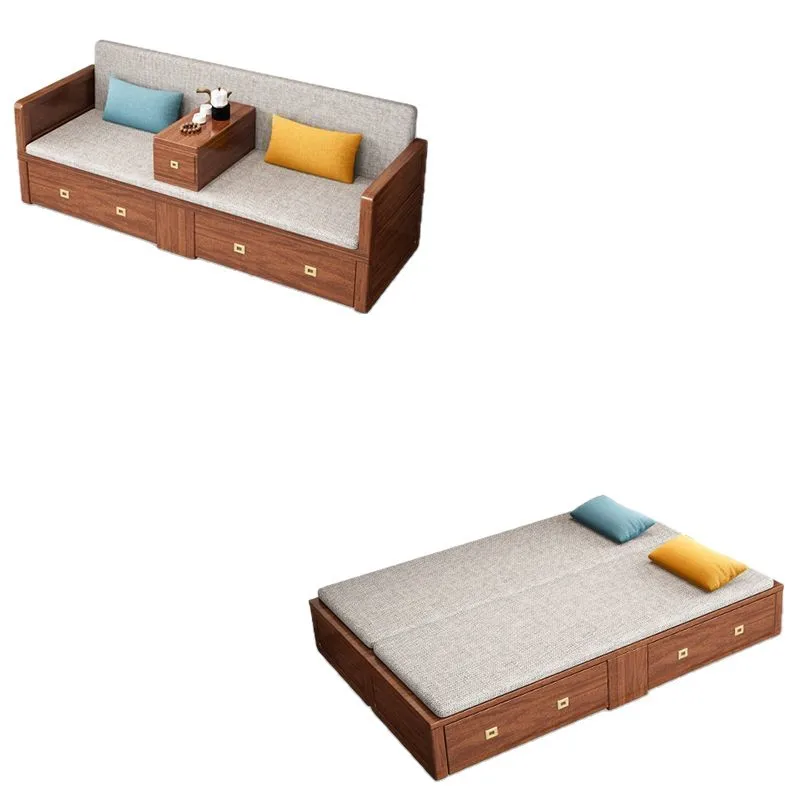 New Chinese solid wood Arhat bed push-pull retractable folding living room small large apartment dual-purpose storage sofa bed