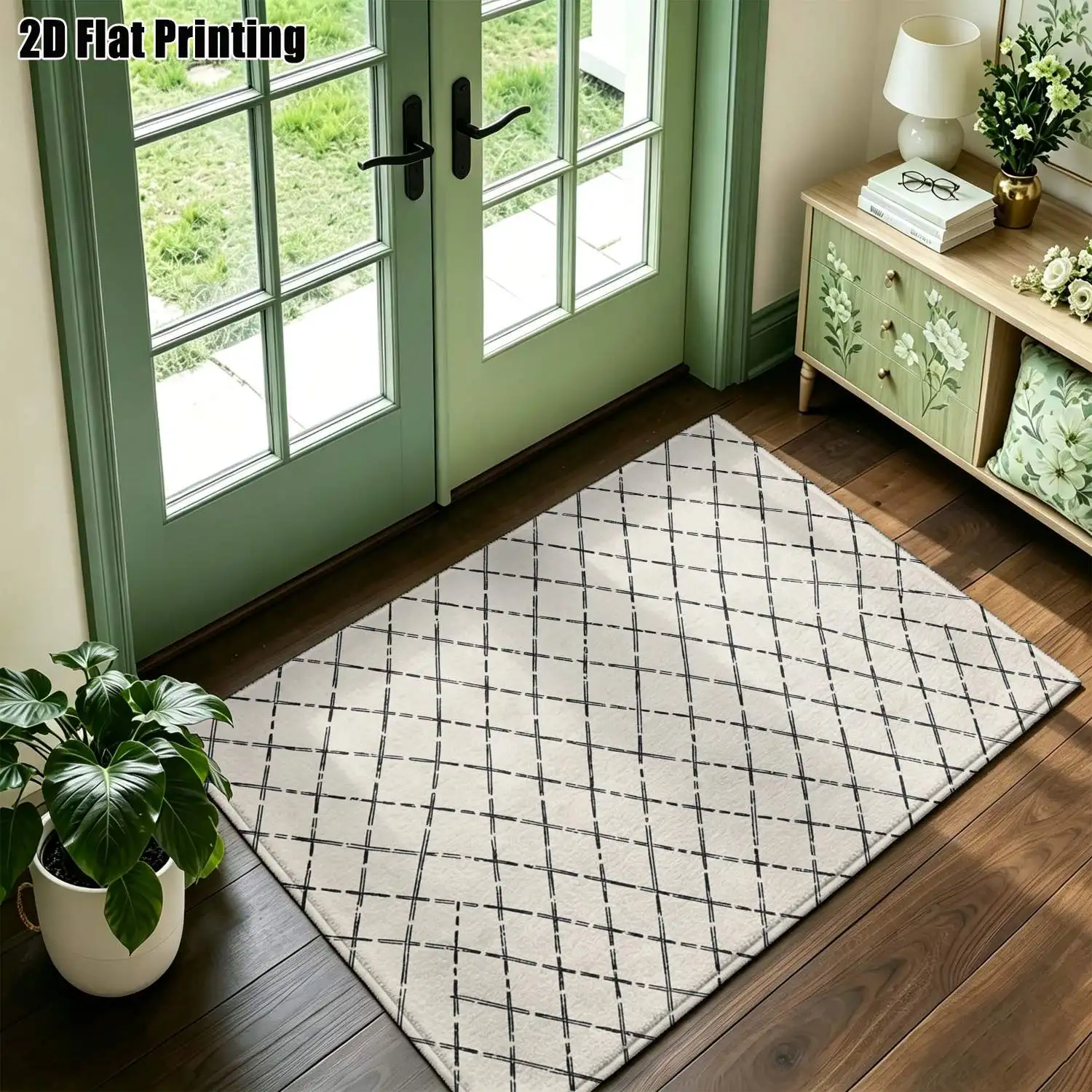 1Pc 2D Printed Beige Black Cross Geometric Carpet: Modern Simple Nordic Instagram Style, Machine Washable, Multi-Size, for Home Decor, Entrance/Dining/Bedroom/Living Room Etc