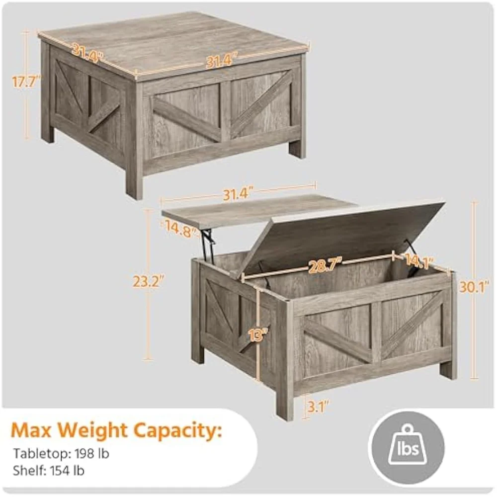 Elevador Top Coffee Table, Square Farmhouse Table, compartimentos de armazenamento escondidos, utilizável para sala de estar, casa e escritório