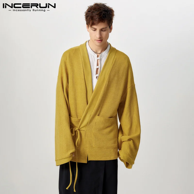 INCERUN Men's Sweater Cardigans Solid Long Sleeve Knitted Cardigans Lace Up Pocket Streetwear Male Loose Kimono Tops S-5XL