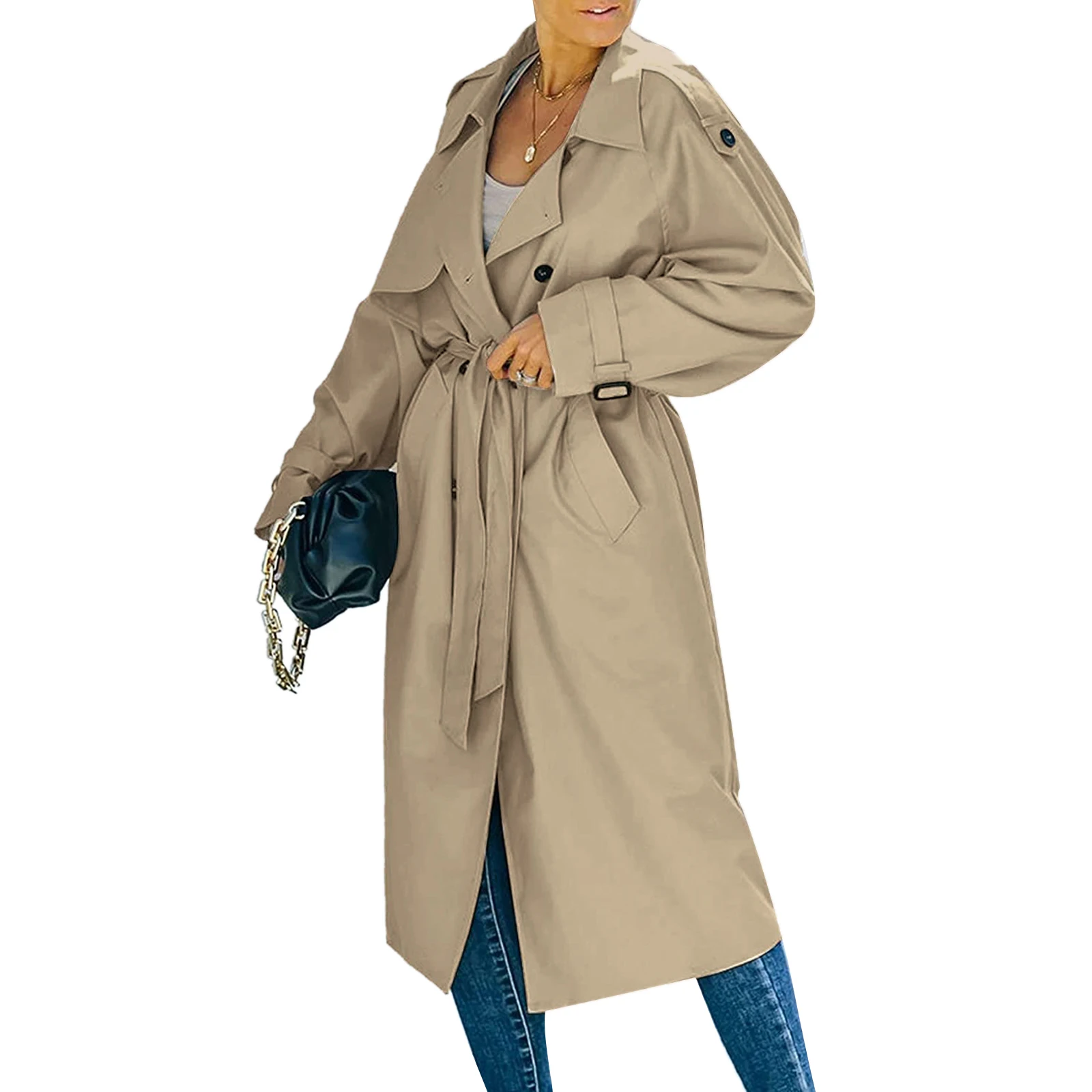 Women´s Double Breasted Long Trench Coat, Classic Lapel Long Sleeve Windproof Overcoat with Belt