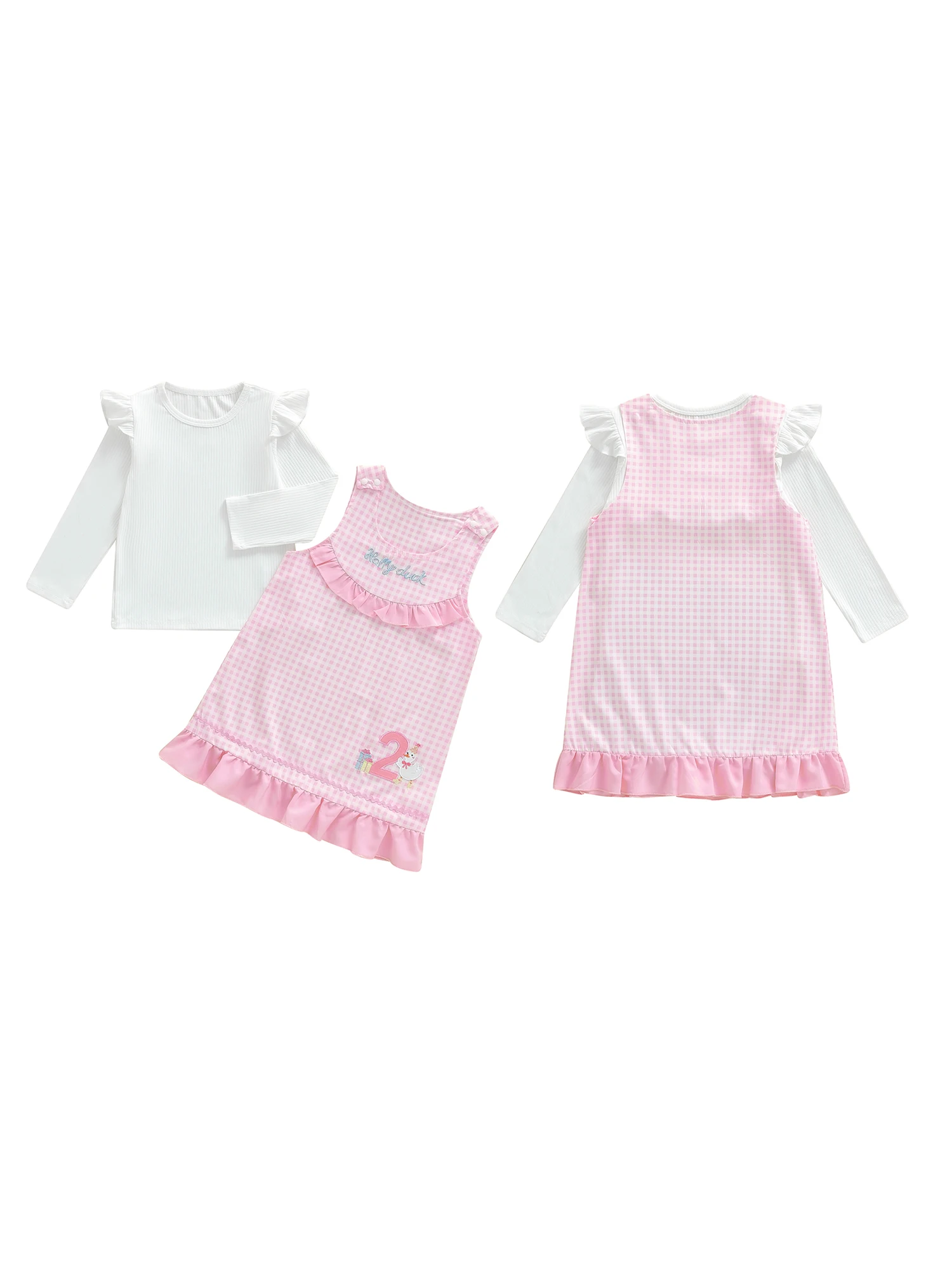 Dwuczęściowy zestaw dla dziewczynek: bluzka z długim rękawem i okrągłym dekoltem oraz sukienka ogrodniczka z denimu, strój urodzinowy dla dzieci.