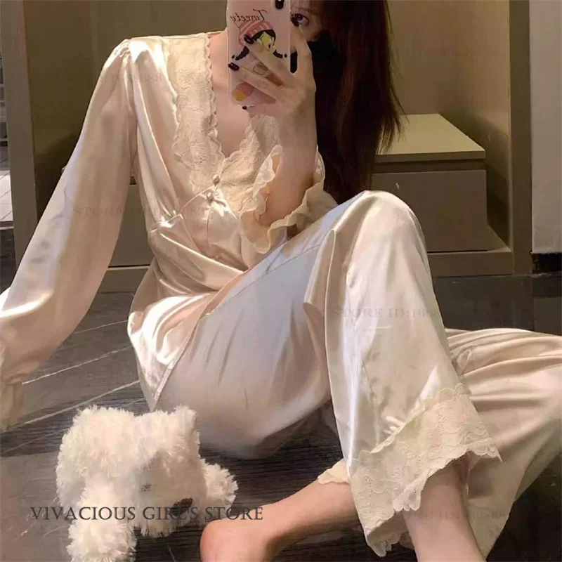 

Элегантный комплект пижам из шелкового атласа цвета шампань, женская одежда для сна, домашняя одежда, весенне-летний новый пижамный костюм, свободный домашний костюм с брюками