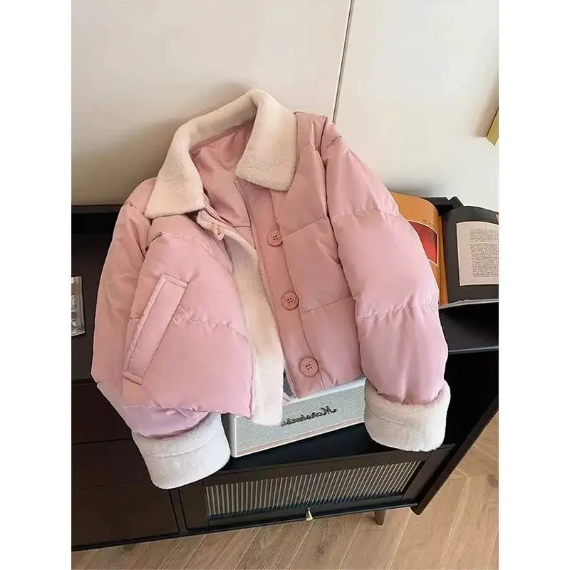 Shearling Patchwork Pink Cotton Coat Women Winter Jacket New Lapel Single-breasted Short Cotton Padded Jacket Female Outerwear