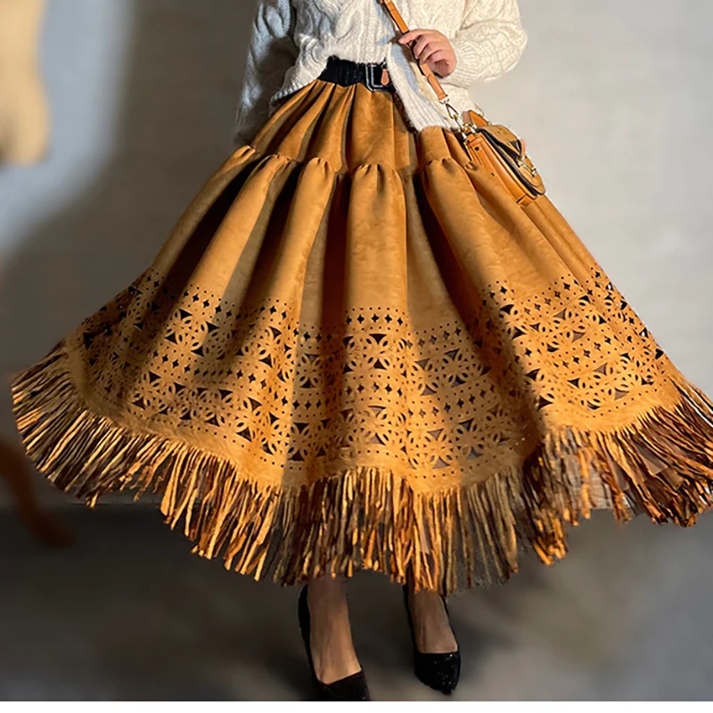 Chic Elegant Brown Hollow out Midi Skirt Mid-Length Large Pleated Tassel Maxi Long Skirt for Women