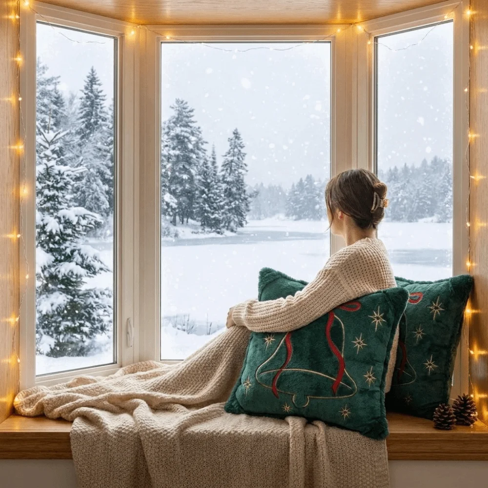 Embroidered Christmas Pillow Cover Square Bell Bow Throw Cushion Cover Snowflake Machine Washable Farmhouse Pillow Cover Gift