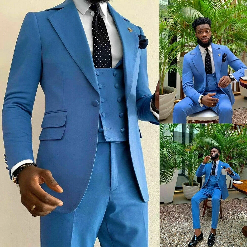 

Gwenhwyf Blue Men Suits for wedding Regular Fit Tuxedo Jacket Coat Groom Formal 3 Pcs Set Double Breasted Vest With Lapel Design