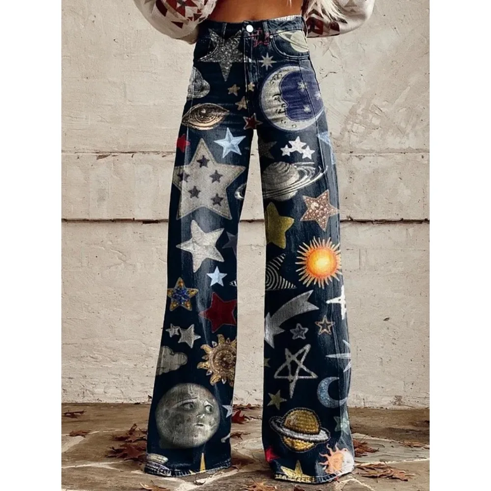Y2K Ästhetik Himmlischer Sternenprint Hochgeschnittene Weite Hose Harajuku Punk Streetwear Lässige Loose-Fit Hose Cooler Outfit-Stil – Detail 6