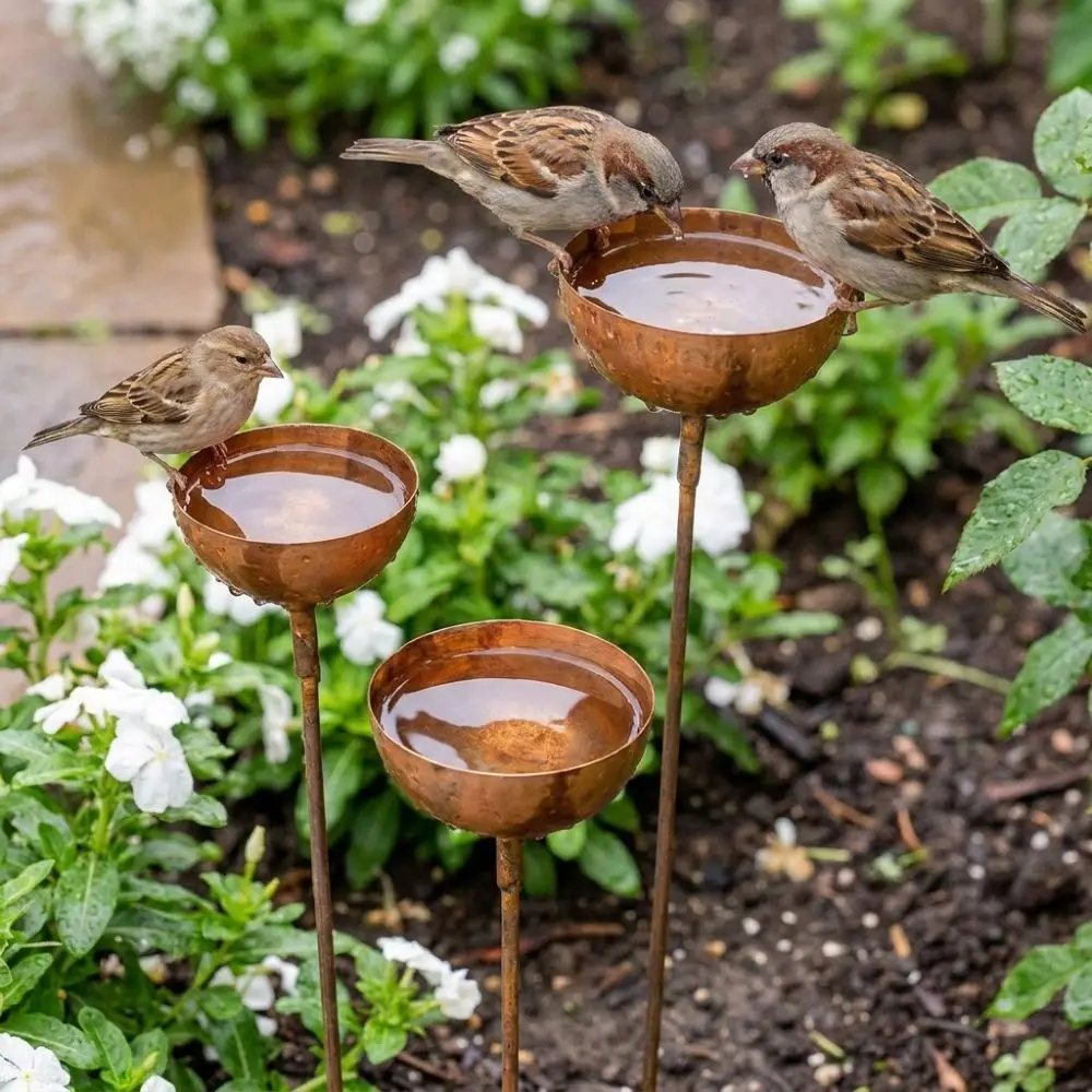 3-Tier Bowl Metal Bird Bath Vintage Weathered Decorative Rain Collectors Garden Stake Long Stem Retro Rain Catcher Yard Art