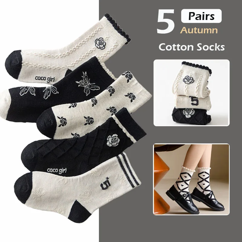 

5 Pairs/lot Autumn Socks Children's Vintage Pattern Socks Baby Infant Cotton Socks Girls Crew Sock