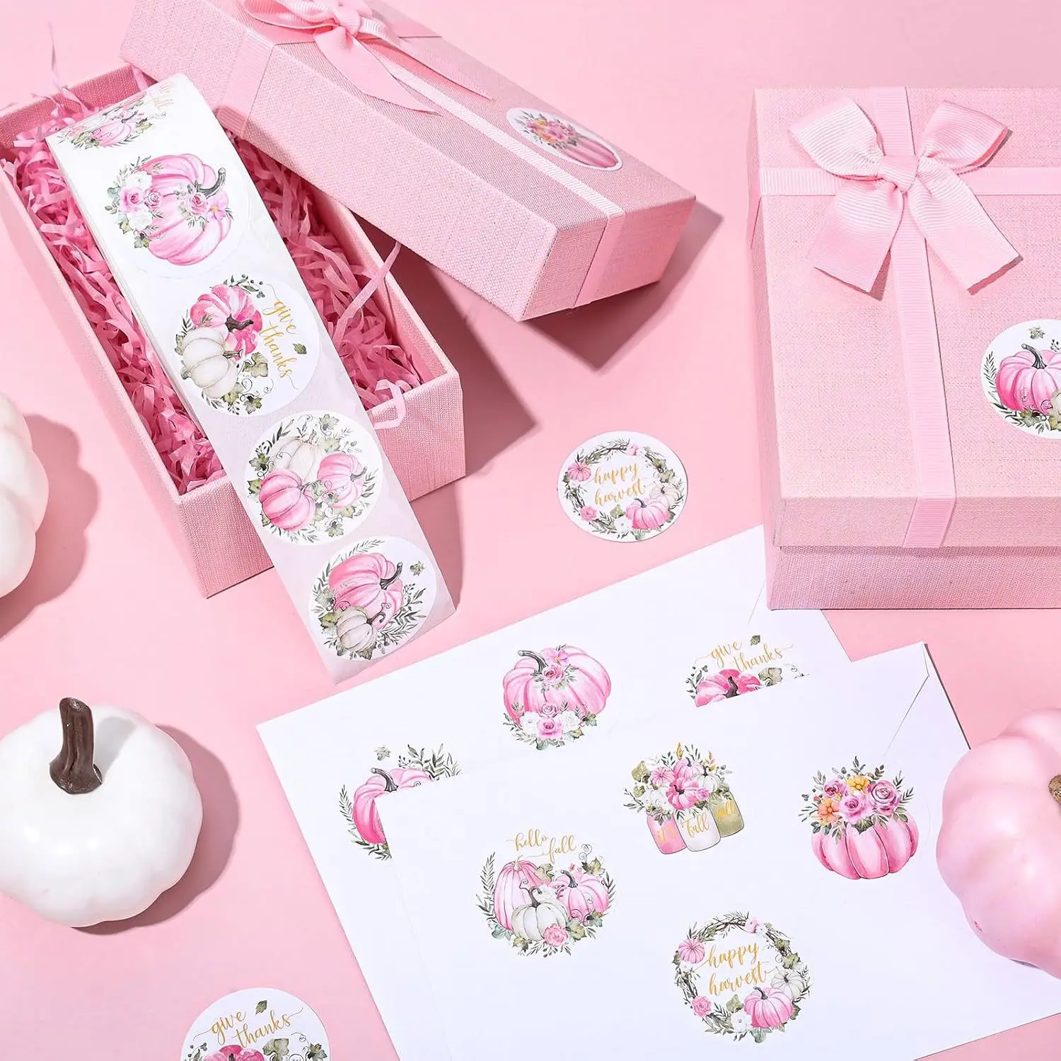 500 stks/rol Herfst Pompoen Roze Cartoon Afdichting Stickers DIY PVC Laptop Telefoon Cas Water Cup Decals Decoratie Beloning Geschenken speelgoed