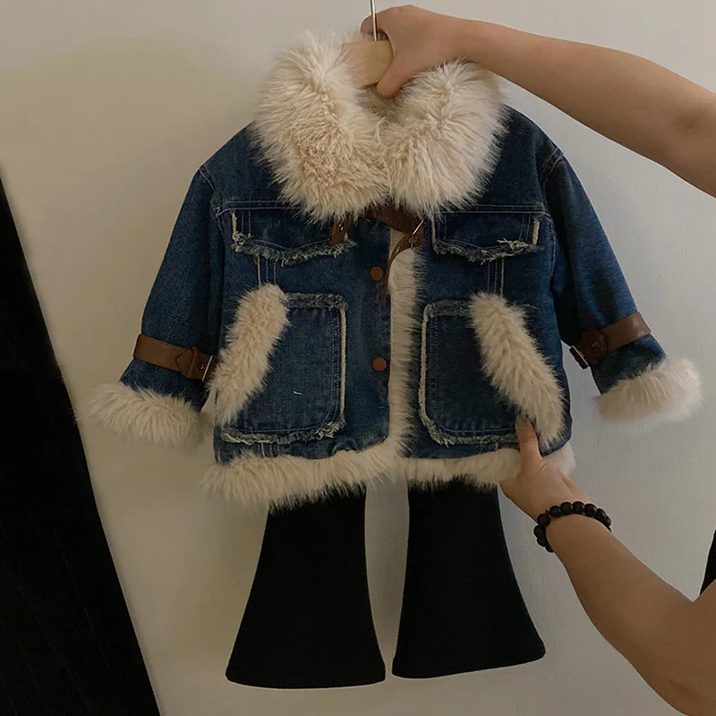 Kids Clothes Toddler Jacket 2023 Winter Coat Outerwear Girls\' New Plush Polo Coat Thick Denim Coat and Velvet Flare Pants