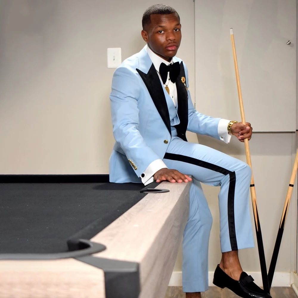 

Light Blue Men's Suits Designer One-Button Black Peak Lapel Blazer Slim Fit Wedding 3 Piece Jacket Pants Vest Full Sets Terno