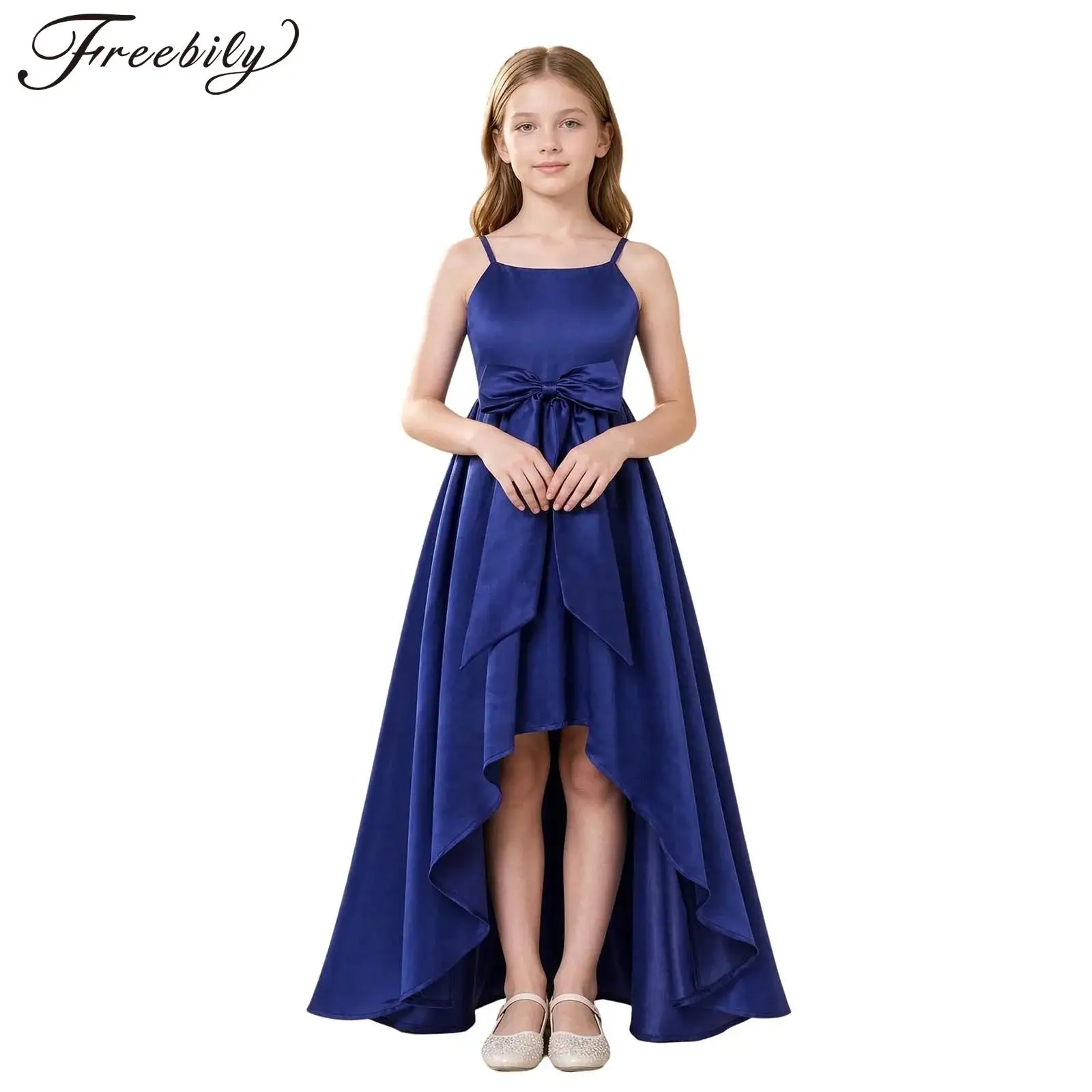 Flower Girls Elegant Wedding Bridesmaid Dress Spaghetti Straps Big Bow Asymmetrical Hem Satin Gown for Pageant Birthday Party