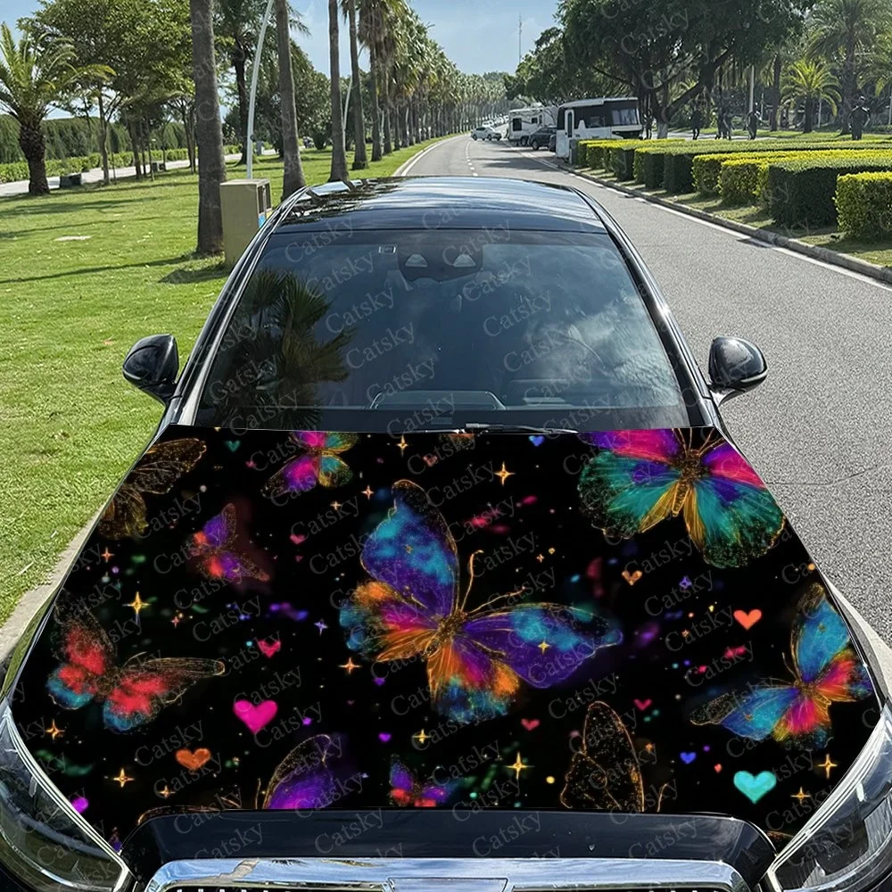 Vibrant butterfly design on car hood, featuring colorful wings and hearts against a black background. Perfect for nature lovers!