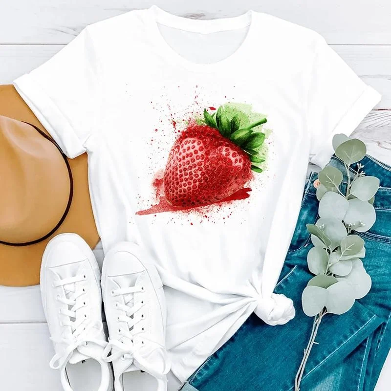 

Summer Fashion Women Clothing Cartoon Strawberry Fruit Beach Graphic T-shirt Short Sleeve Clothes Print Tshirt Female Tee Tops