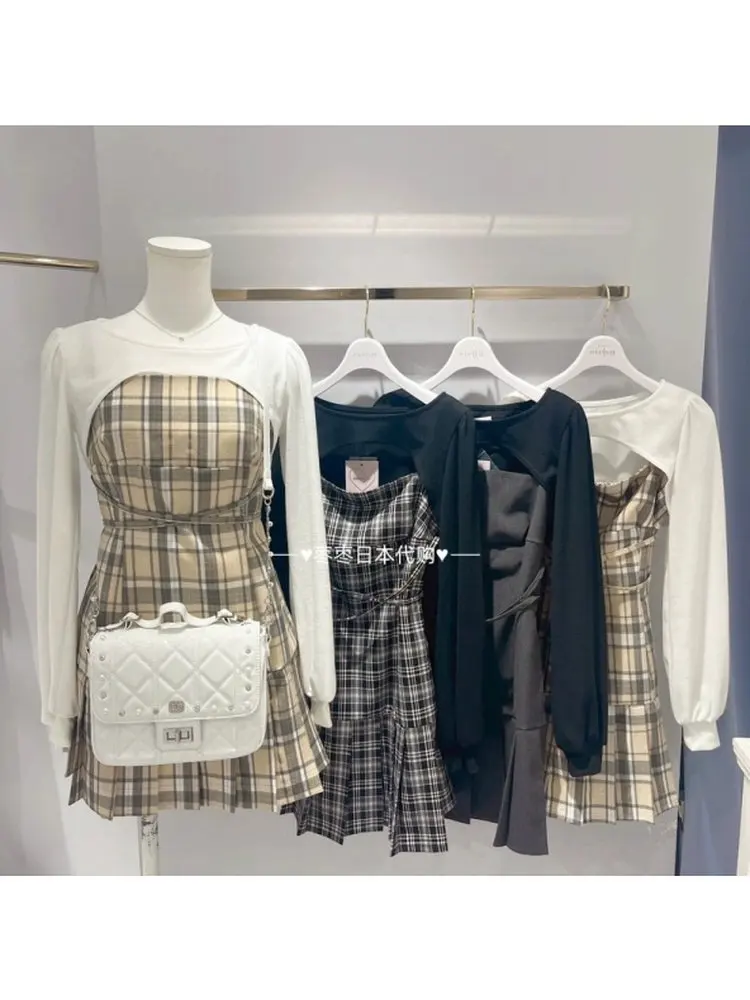 Japanese Style Short Dresses for Women Sweet and Cute Plaid Pattern Spring Autumn Slimming Camisole with Sling Dress Set