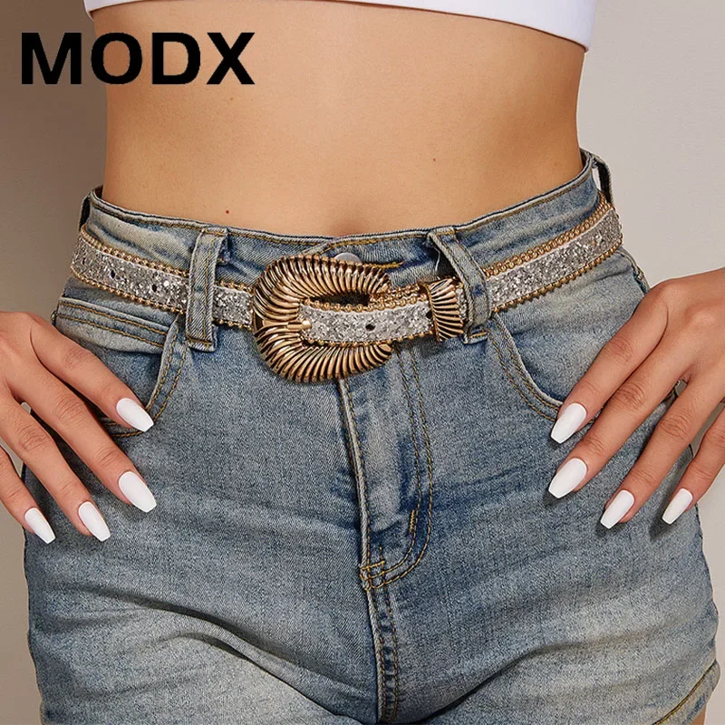 

MODX Women Rhinestone Belt Western Cowgirl Cowboy Bling PU Leather Belt Jeans Pants for Trendy Costume Accessories Eyelet Belt