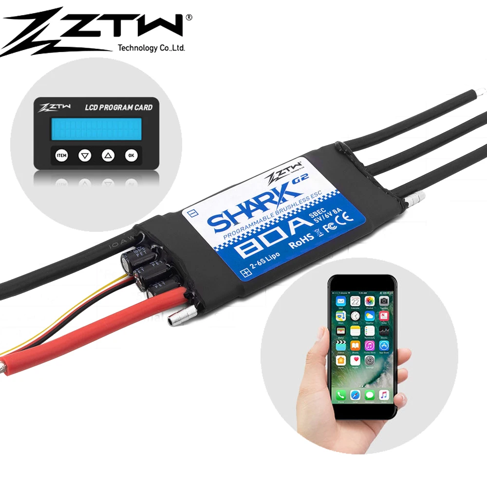 ZTW Shark G2 20A/30A/40A/50A/60A/80A/100A 2-4S/ 2-6S 32-bit  Water-cooling Dual-way Waterproof Brushless ESC For RC Boat Thruste