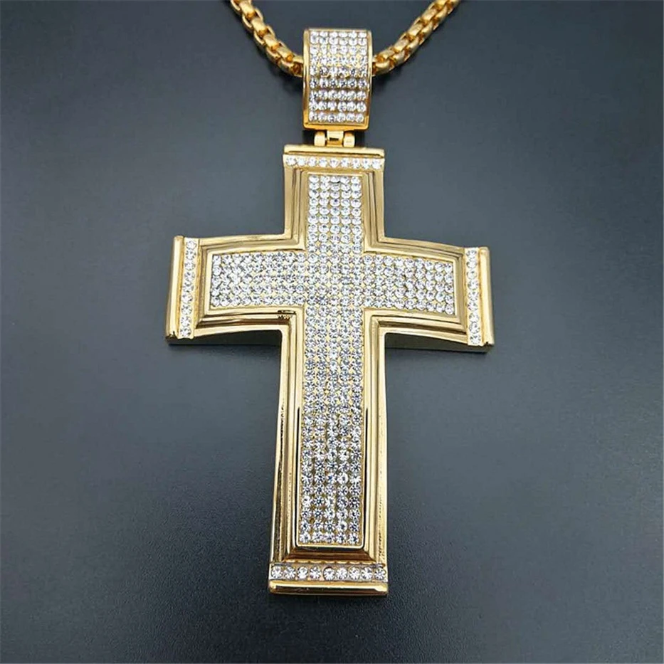 Hip Hop Iced Out Big Cross Pendant Necklace For Men Gold Color Stainless Steel Rhinestone Necklace Hiphop Christian Jewelry